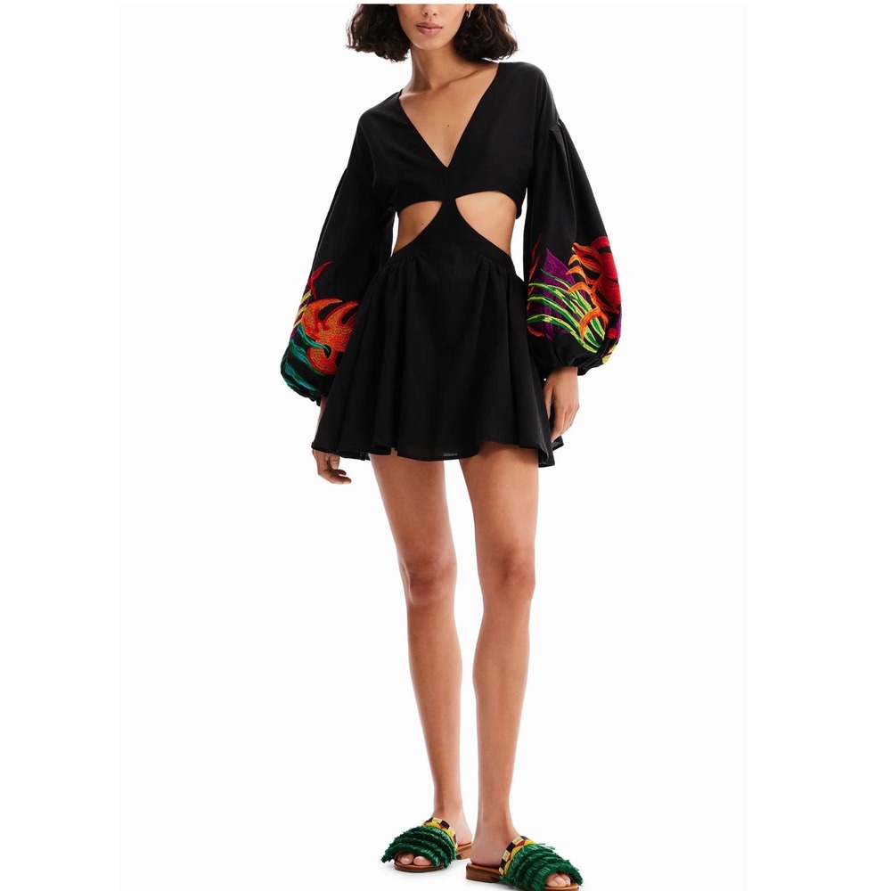 Desigual x Stella Jean‎ Black Cut Out Mini Dress Tiger Embroidered Sleeves Small
